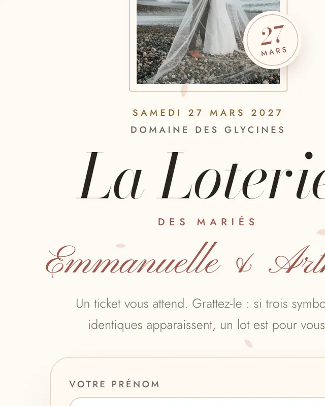 Faire-part « La Loterie des Mariés » créé pour Emmanuelle & Arthur