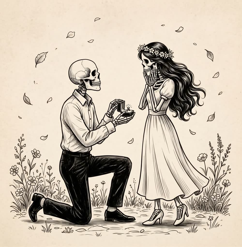 Le squelette, un genou à terre, tend une bague à sa fiancée émue