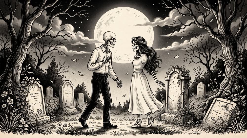 Le couple de squelettes se rencontre dans un cimetière, sous la pleine lune