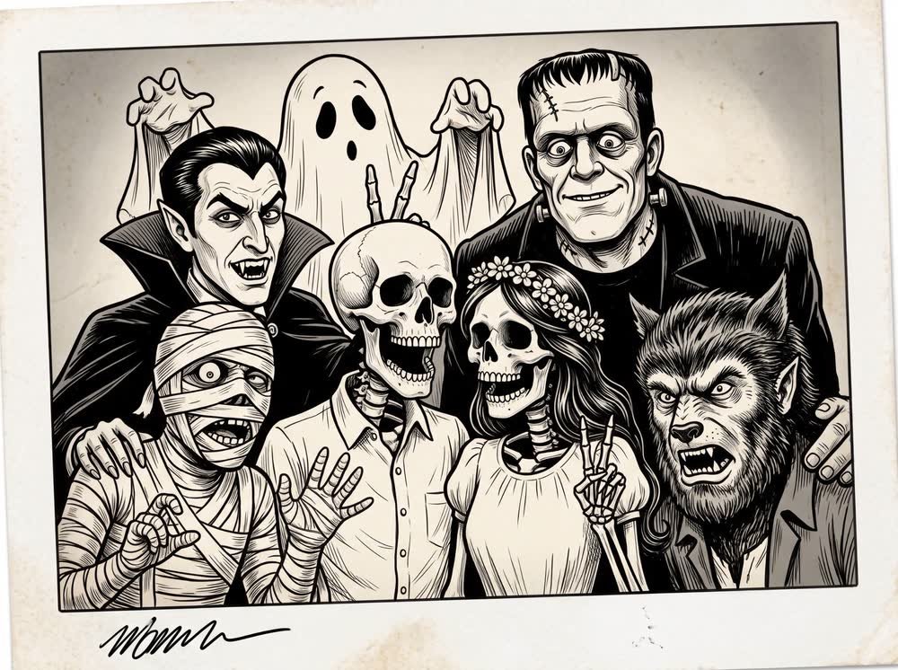 Photo de groupe des mariés avec Dracula, Frankenstein, la momie, le loup-garou et un fantôme