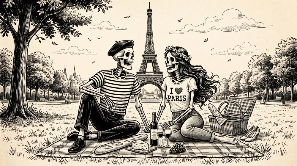 Le couple pique-nique devant la tour Eiffel